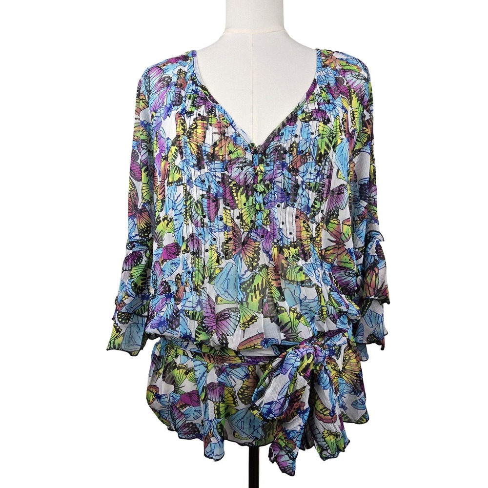 Alberto Makali Butterfly Print Blouse Women XL Multi Sequin Whimsical Fairycore